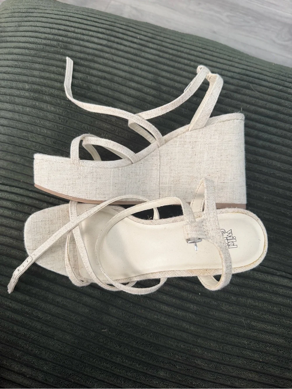 Beige Linen-Look Platform Wedge Sandals with Ankle Tie